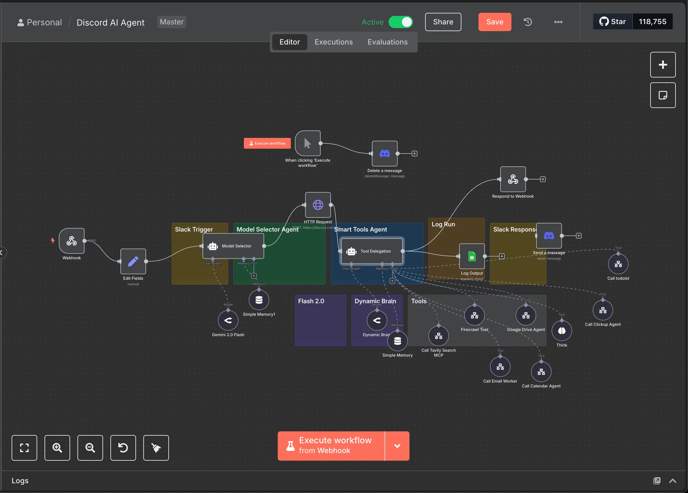 Schéma de workflow multi-agents : un déclencheur webhook, un agent qui délègue à des outils, une mémoire, puis un routage vers un canal de messagerie