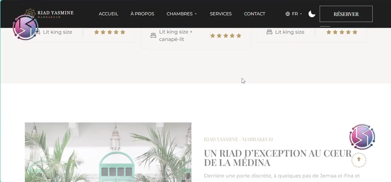 Riad Yasmine Marrakech — Un parcours enregistré du site livré. La vidéo ne se charge qu’en arrivant ici, et se met en pause dès que vous passez à autre chose.